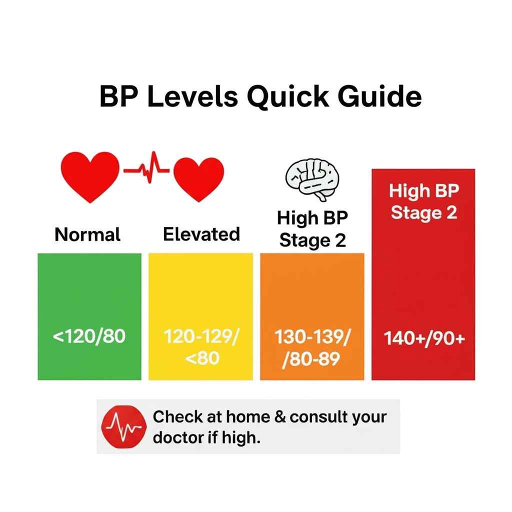 Color-coded chart showing normal, elevated, stage 1, and stage 2 blood pressure ranges.