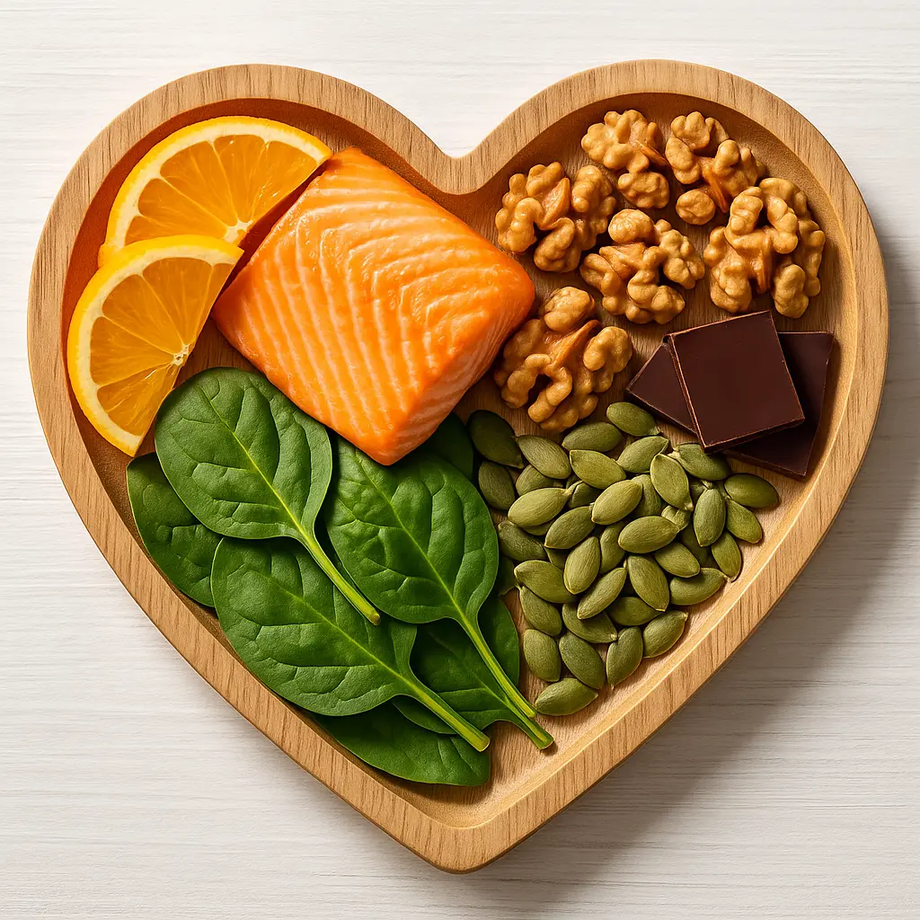 Heart-shaped plate with salmon, spinach, walnuts, pumpkin seeds, oranges, and dark chocolate — foods proven to help reduce high blood pressure