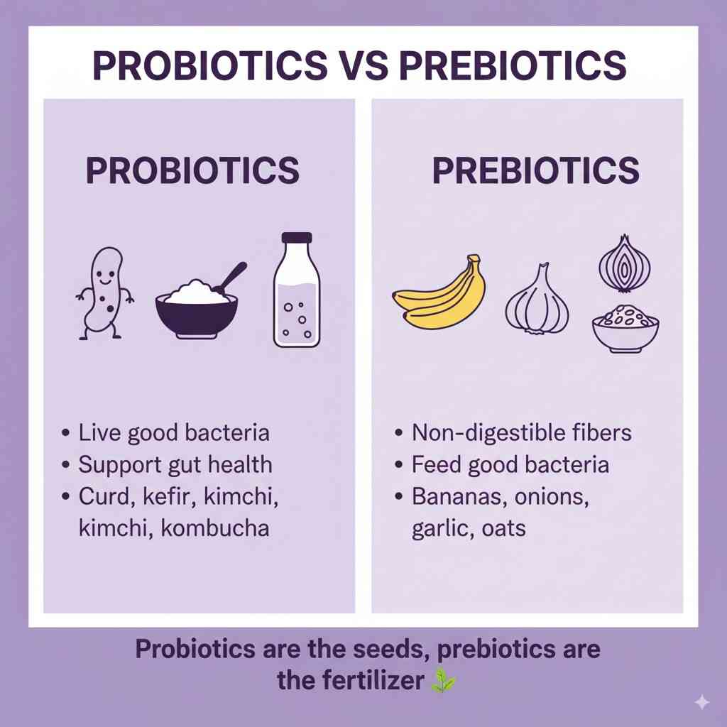 Infographic comparing probiotics and prebiotics with icons of curd, kombucha, bananas, onions, and fiber-rich foods; explains their roles in gut and skin health.
