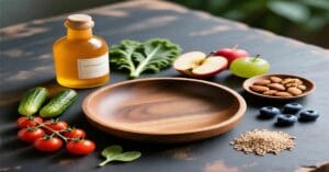 Mediterranean diet foods like olive oil, vegetables, nuts, and whole grains