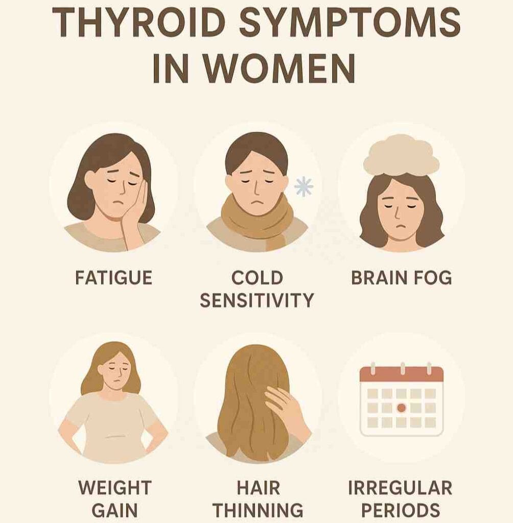 Realistic infographic showing thyroid symptoms in women, minimalist icons, soft natural colors, clean professional style.