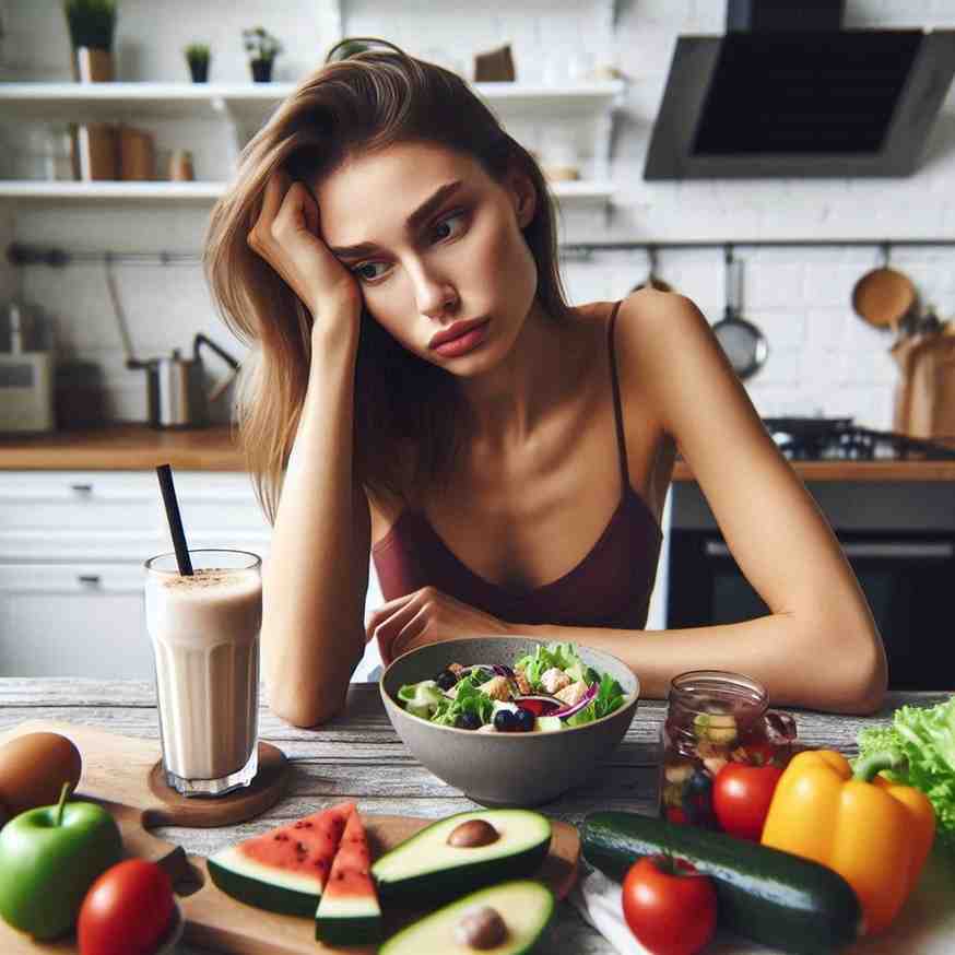 Young woman sitting at a kitchen table with healthy food, looking tired or low-energy, suggesting possible nutrient deficiencies despite a clean diet.