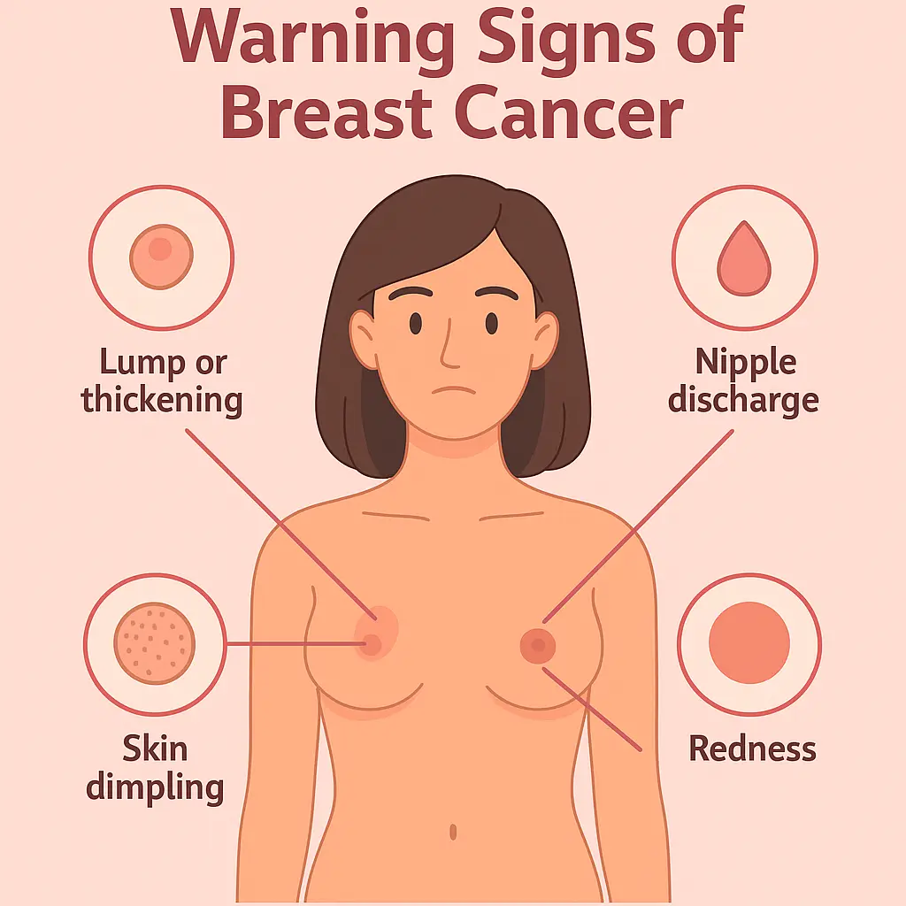 Illustration of a woman showing warning signs of breast cancer such as lumps, nipple discharge, skin dimpling, and redness.