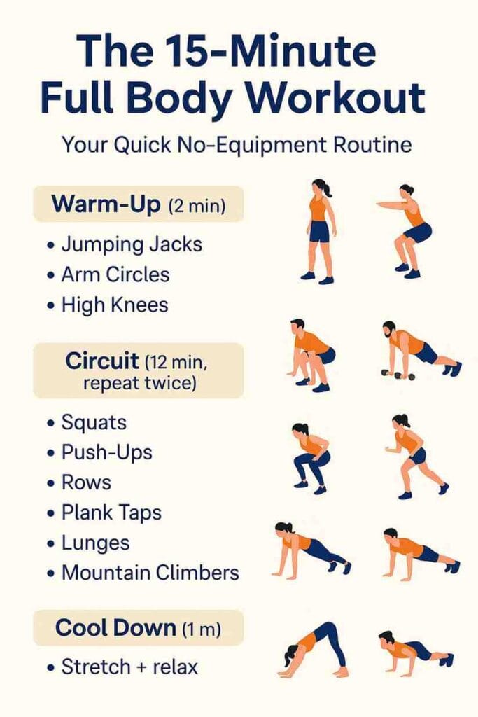 Step-by-step infographic of a 15 minute full body workout routine with warm-up, main exercises, and cool down.