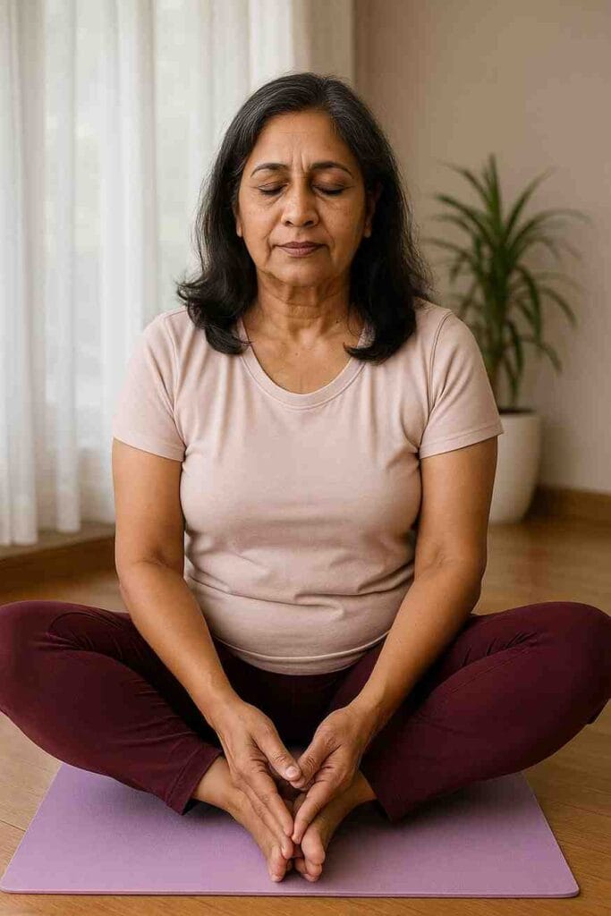 Middle-aged woman meditating indoors for stress relief during menopause