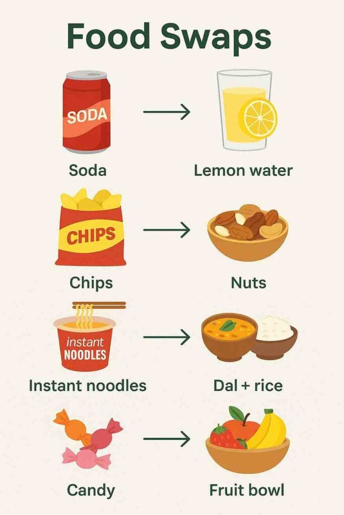 Realistic food swaps showing soda→lemon water, chips→nuts, instant noodles→dal and rice, candy→fruit bowl