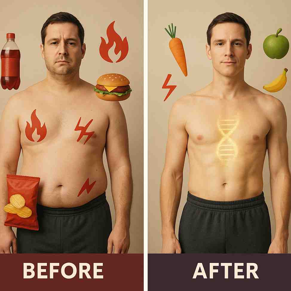 Comparison image: left side with burger, fries and soda; right side with fruits, vegetables, nuts