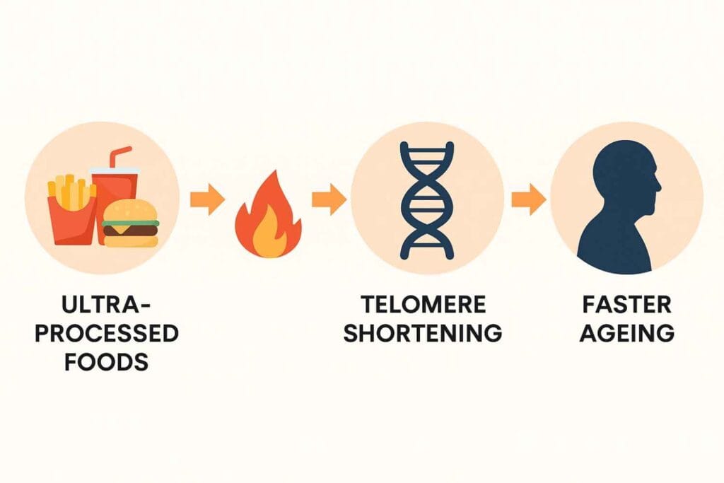 Infographic showing ultra-processed foods leading to inflammation, telomere shortening, and faster ageing