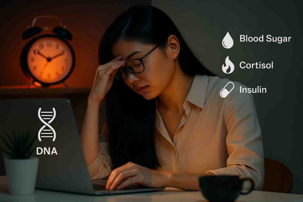 A split photo of a tired woman at her desk, showing the impact of sleep dept on metabolism with labeled icons DNA, blood sugar, cortisol, and insulin.