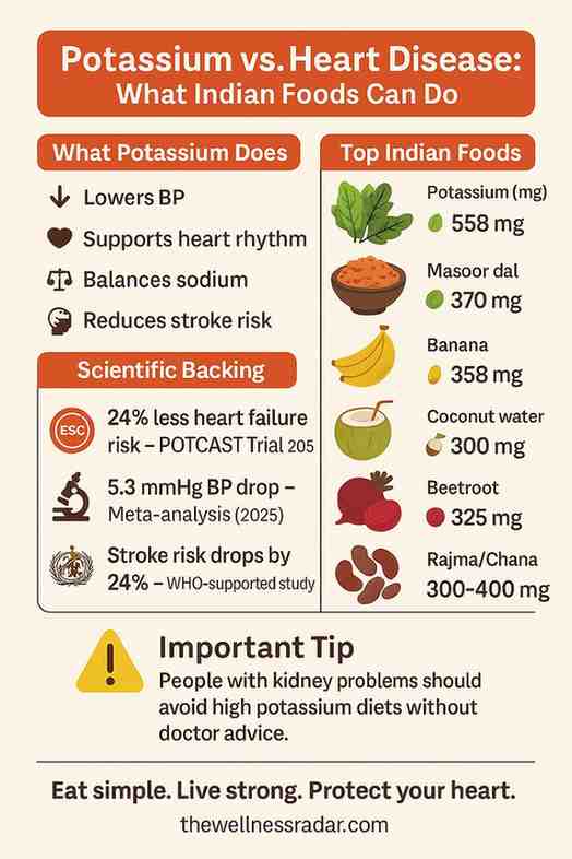 Infographic showing Indian foods high in potassium like spinach, banana, and dal, with heart health benefits like lower blood pressure and stroke risk, backed by scientific studies.
