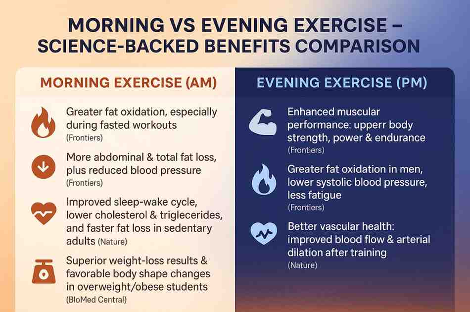 Infographic comparing benefits of morning and evening exercise including fat burning, energy, performance, and stress relief.