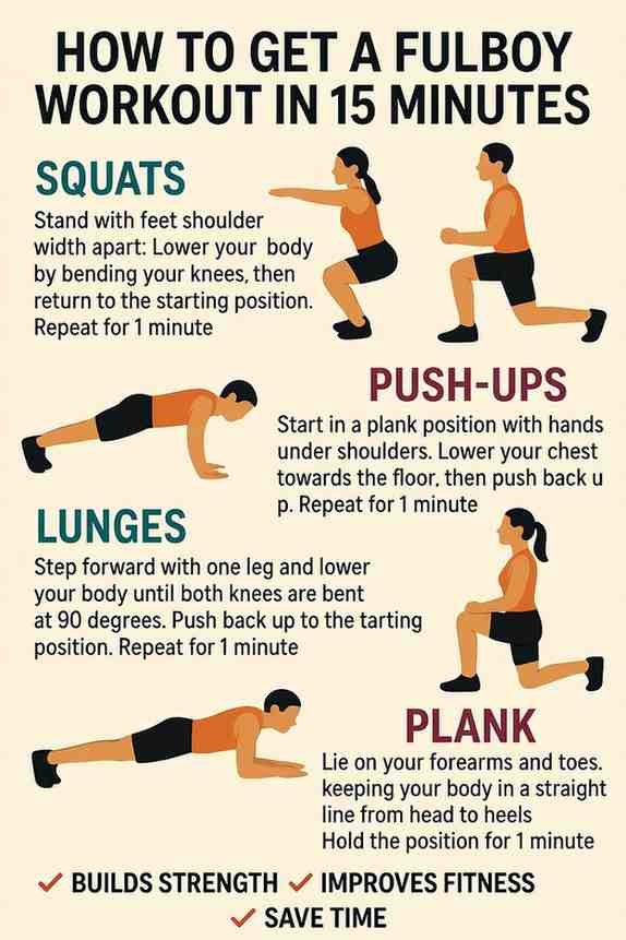 Step-by-step guide showing squats, push-ups, lunges, and planks as part of a 15 minute full body workout at home without equipment.
