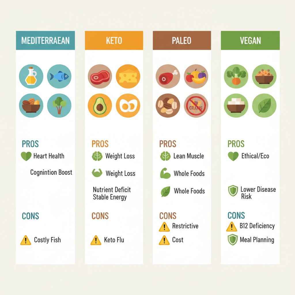 Comparison infographic of Mediterranean, Keto, Paleo, and Vegan diets with pros and cons