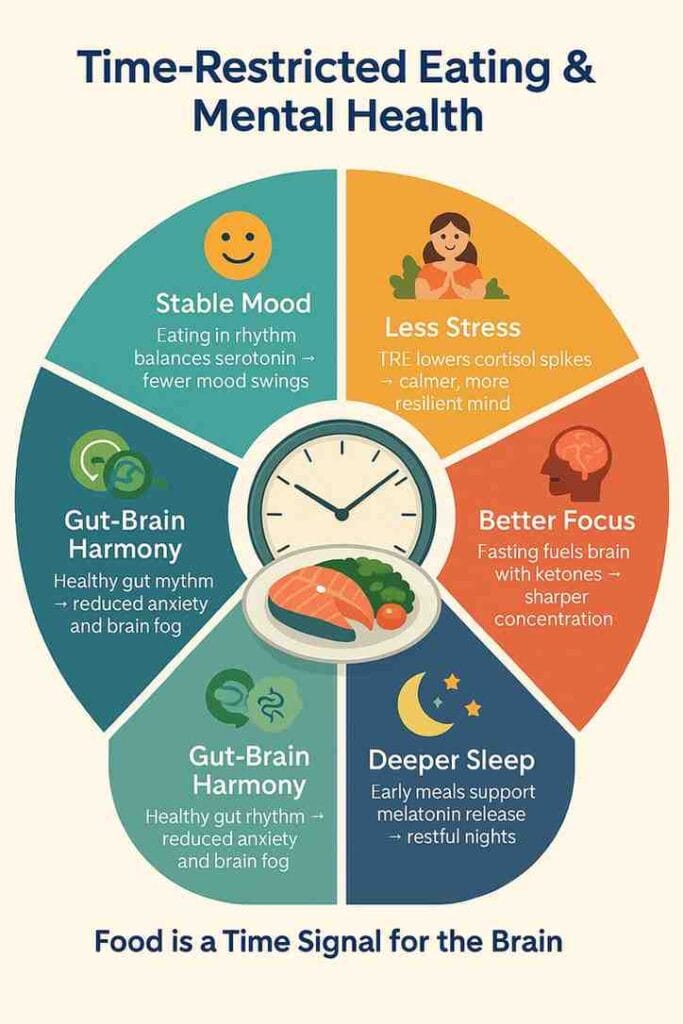 Infographic wheel showing six mental health benefits of time-restricted eating, including mood stability, stress reduction, focus, sleep, gut-brain harmony, and brain growth factor.