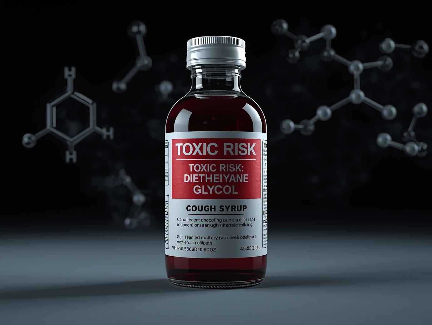 Illustration showing cough syrup contaminated with diethylene glycol as a health warning.