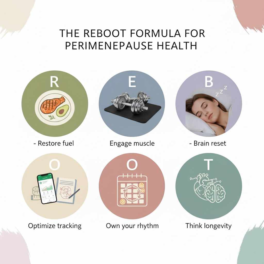 Infographic of the REBOOT formula for perimenopause health with icons and text