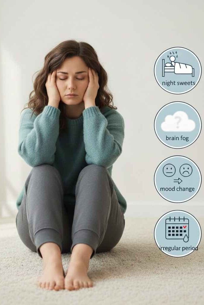 Illustration showing common symptoms of perimenopause including brain fog, fatigue, and irregular periods.”